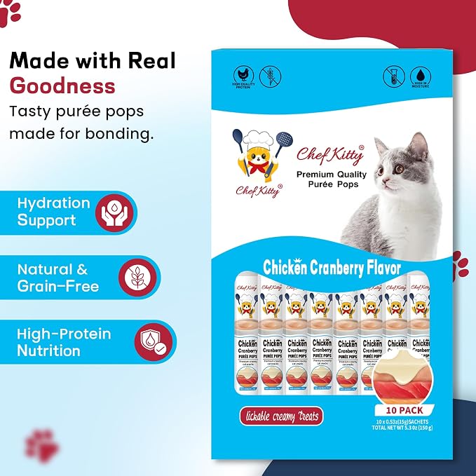 Cat Treats Lickable | Grain-Free Cat Food Toppers| Creamy Puree Squeeze Ups Urinary Tract Health & Kidney Support | 0.5 oz. Each Tube, Chicken with Cranberry Recipe | 10 Tubes