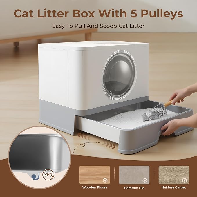 XXXL Stainless Steel Litter Box with Lid, Front Entry & Top Exit, Drawer Design, Scoop & Mat, for Maine Coon, Big & Multi-Cat Homes