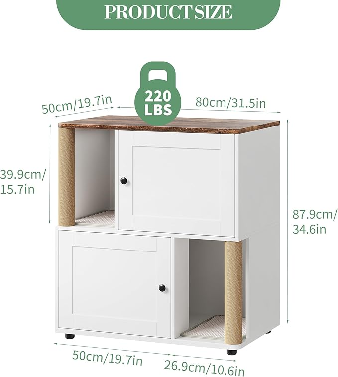 Double Cat Litter Box Enclosure, 2-Tier Hidden Litter Cabinet for 2 Cats, Space-Saving Wooden Cat Washroom with Built-in Scratching Post, Large Indoor Pet House Side End Table
