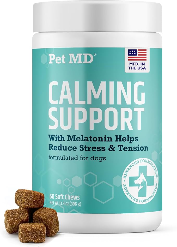 Pet MD Calming Chews for Dogs – Supports Relaxation & Calm Behavior – with Melatonin, Ginger & Chamomile – for Stressful Situations Like Travel, Thunder & Vet Visits – 60 Ct