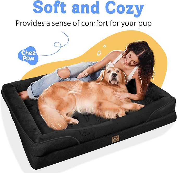 Chez Paw Orthopedic Dog Bed for Medium & Large Dogs, Waterproof Egg-Crate Foam Dog Bed with Removable Washable Cover, 4-Sided Bolster Support & Non-Slip Bottom, Black 36"x27"x7"