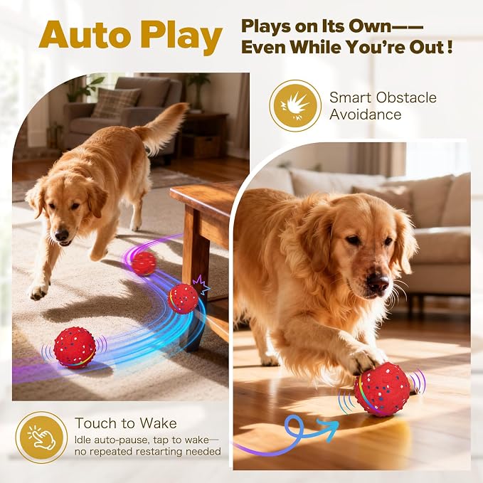 Interactive Dog Toys Ball, Self-Rolling & Bouncing Ball with RGB Colorful Lights to Keep Them Busy, 3-in-1 Interactive Mode, E-TPU Material, Type-C Charging, Moving Dog Toy for Dogs Puppies (Red)
