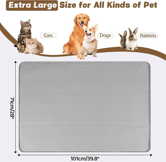 Cat Food Mat, 40" x 28" Cat Litter Mat Extra Large Silicone Pet Feeding Mat with Raised Edge Pet Placemat for Food and Water Bowl Non-Slip, Easy to Clean, Floor Protection (Light Gray)