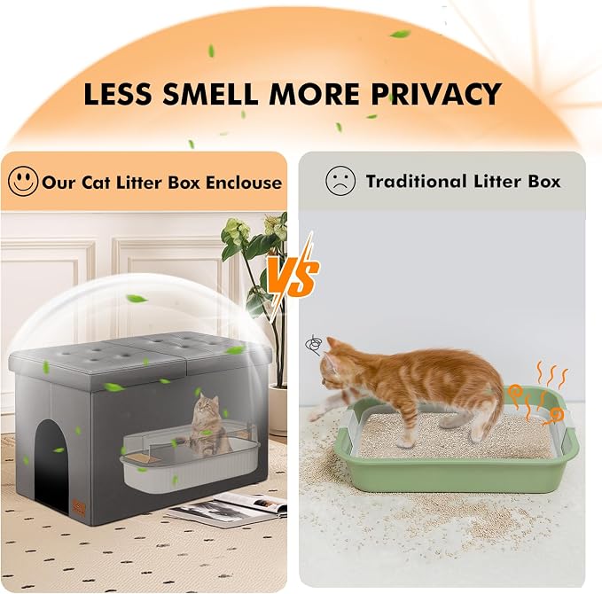 Cat Litter Box Enclosure Furniture for Odor Control, Hidden Cabinet Cat Litter Box Furniture Ottoman with Flip-Up Lid,Cats Litter Box Bench with Storage Space, Dog Proof (Gray-Faux Leather, X-Large)