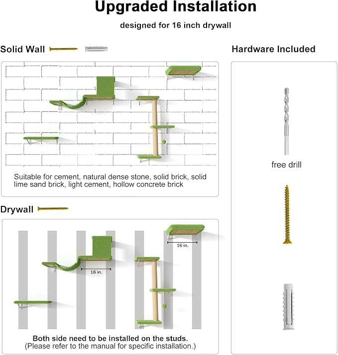 FUKUMARU Cat Wall Shelves, Stable & Safe 4 in 1 Cat Walls Furniture Set, Wooden Kitten Climbing Wall with Scratching Post for 16 Inch Drywall - Green