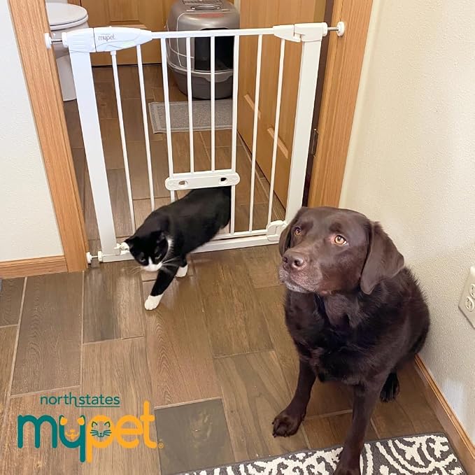 MYPET EasyPass Wide Walk Thru Pet Gate for Dogs and Cats: 29.75-37.5" Wide with Adjustable Pass-Thru Pet Door, Pressure Mounted, No Tools Needed, 30" Tall, White Metal