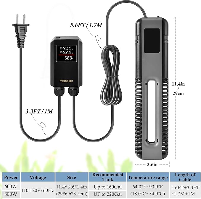 FEDOUR 600W 800W Titanium Aquarium Heater with Digital Controller, Submersible Aquarium Heater with Overheating Protection, for up to 220Gallon Fish and Turtle Tank (600W for up to 160Gal)