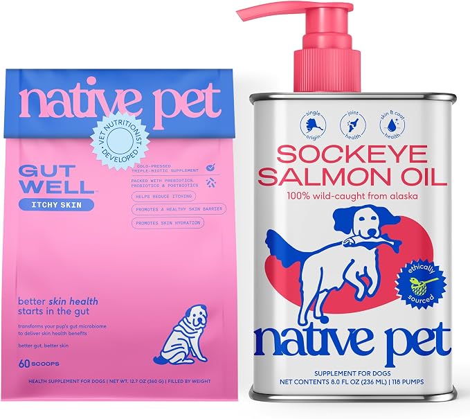 Native Pet Skin & Coat Support Pack Bundle: 60 Scoops GutWell Itchy Skin - Dog Itching Skin Relief & Seasonal Allergy Itch Relief & 8 Oz. Salmon Oil for Dogs & Cats – Pure Omega-3 Fish Oil