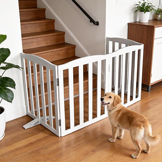 ZJSF Foldable Freestanding Indoor Dog Gate for House Wood White Long Pet Gates Dog Fence for Stairs Puppy Gates for Hallways,Pet Fence, Puppy Gate,Support Feet Included 24 "Height-4 Panels