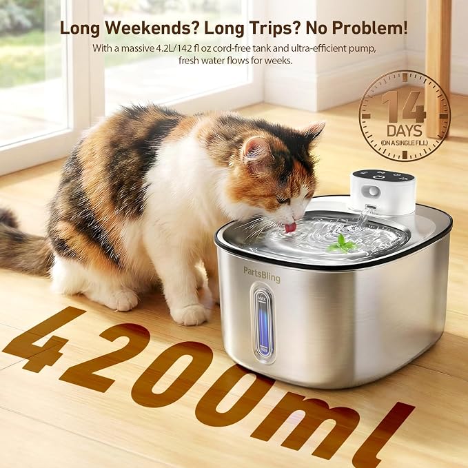 PartsBling Cordless Cat Water Fountain Stainless Steel, 4.2L/142oz Battery Operated Pet Fountain, Ultra Quiet Water Dispenser Cats&Dogs, 5000mAh Rechargeable, Easy to Clean, Includes 4 Filters, White