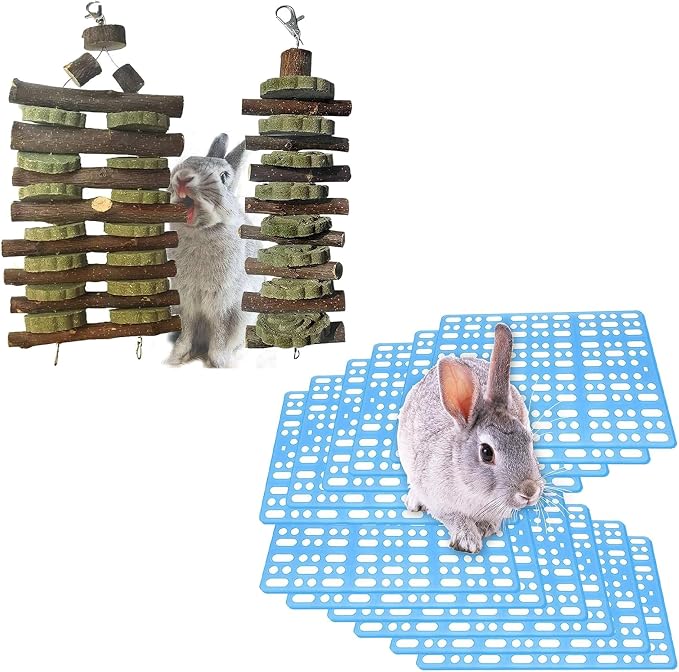 Hamiledyi Bunny Chew Toy for Teeth,Guinea Pig Natural Organic Fruitwood Sticks with Grass Cake Chewing/Improve Dental Health,12Pcs Rabbit Cage Mats Small Animal Plastic Feet Pads Floor Mat for Pet