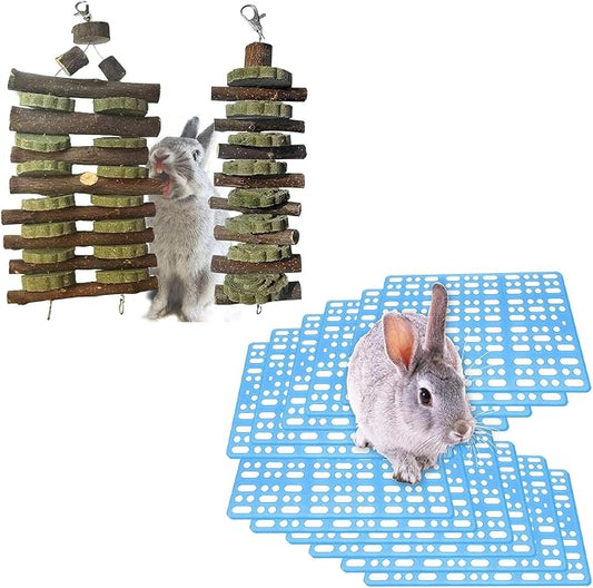 Hamiledyi Bunny Chew Toy for Teeth,Guinea Pig Natural Organic Fruitwood Sticks with Grass Cake Chewing/Improve Dental Health,12Pcs Rabbit Cage Mats Small Animal Plastic Feet Pads Floor Mat for Pet