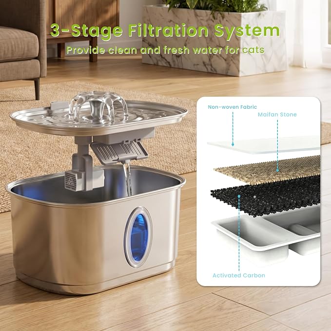 Cat Water Fountain Stainless Steel 108oz/3.2L, Automatic Pet Water Fountain with 3 Filters, Ultra Quiet Water Dispenser for Indoor Cats Dogs, Visible Level Window, Easy to Clean