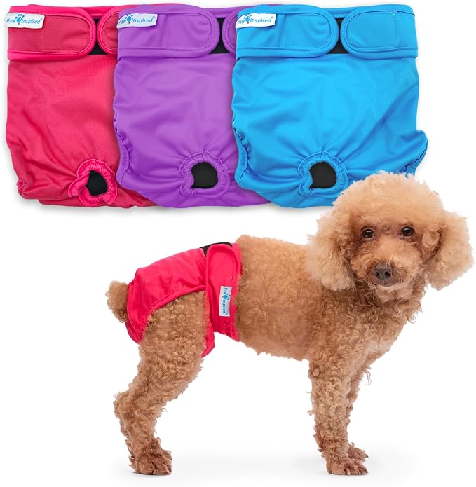 Paw Inspired Washable Dog Diapers (3 Pack) | Reusable Cloth Doggy Diapers for Female Small, Medium, Large Size Dogs (Pink, Blue, Purple Colors with Black Lining, Size Small)