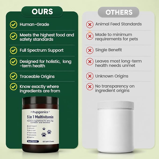 Pupganics Multivitamin Daily Soft Chews for Dog, 5 in 1 multivitamin for Hip & Joint, Heart Health, Skin & Coat, Gut & Immune Support, with Probiotics, Vitamin A/D3/E, Beef Flavor, 60 Chews (1)