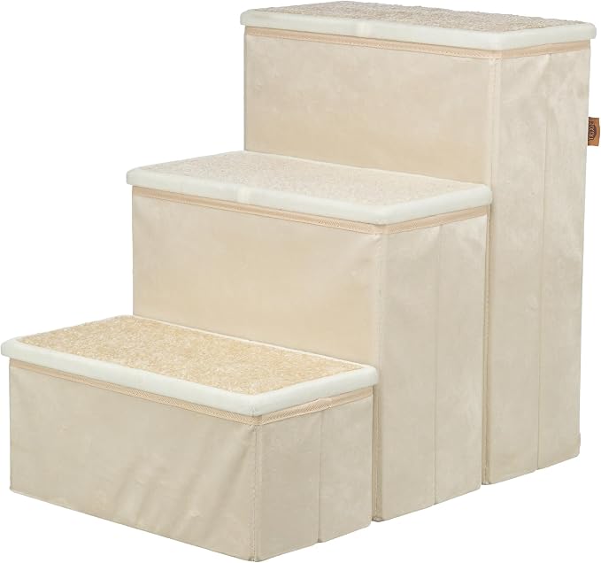 Trixie Velour Foldable 3-Step Pet Stairs with Storage, Collapsible, Storage Compartments for Pet Toys, Beige