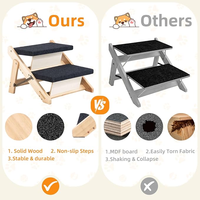 MEWANG Wood Pet Stairs & Ramp for Small/Medium Dogs and Cats, Aging Pets – 2-in-1 Foldable, Portable, Non-Slip Pet Ladder for Tall Beds, Couches,Cars–Holds Up to 220 lbs (17.3" L x 17.2" W x 13.0" H)