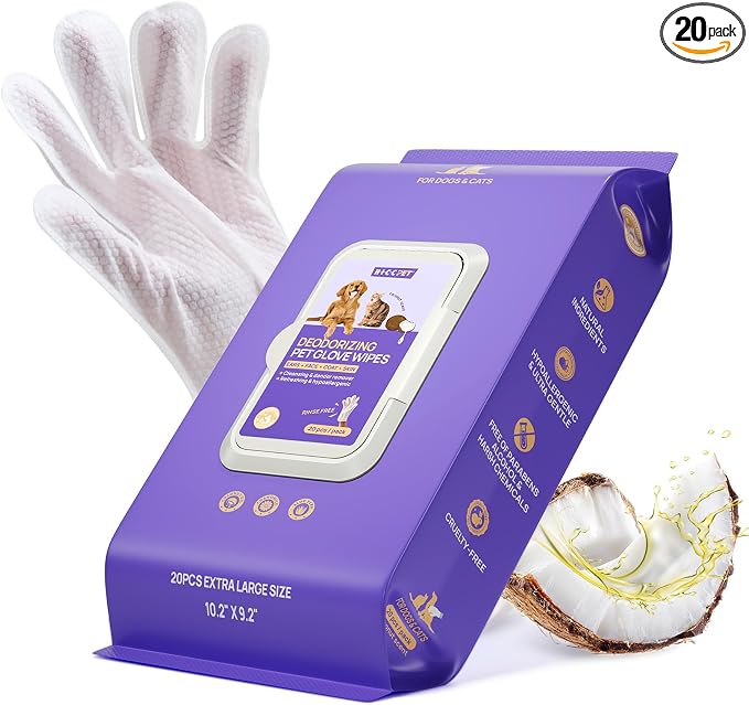 HICC PET Dog Wipes Cleaning Deodorizing Glove Wipes for Dogs, Cats & Horses, Vet Recommended Hypoallergenic Hydrating & Nourishing Pet Wipes for Eyes, Ears, Butt & Paws, No-Rinse, 20pcs Coconut Scent