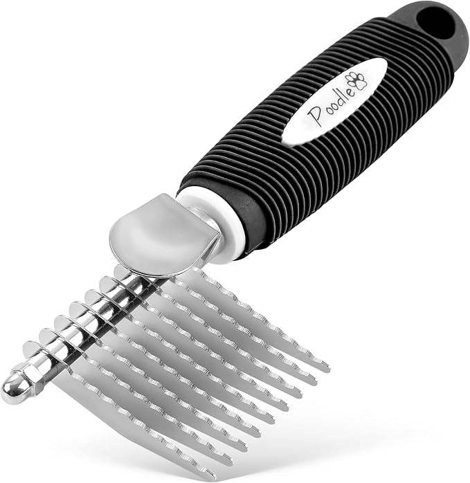 Poodle Pet Bundle - Dematting Fur Rake Comb Brush Tool with Steel Safety Blades for Detangling Matted or Knotted Undercoat Hair and Slicker Brush for Small and Large Dogs Pet Hair Remover