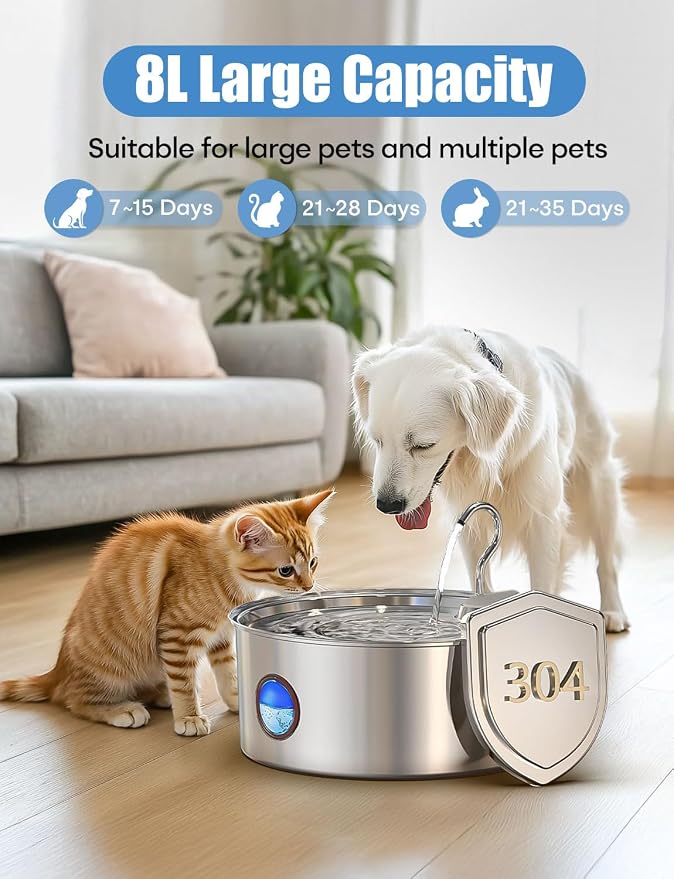 subteenmate Dog Water Fountain for Large Dogs- 8L/270oz Stainless Steel Dog Fountain Dispenser Automatic Pet Water Bowl with Ultra-Quiet Pump/Quadruple Filtration for Large Pups Cats & Multi-Pet