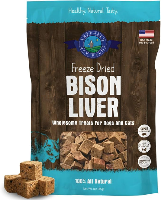Shepherd Boy Farms Freeze Dried Dog and Cat Treats, Bison Liver, All Natural Freeze-Dried Dog Treat & Snacks, Made in USA, High in Protein, Essential Nutrition of Raw Food, 3oz
