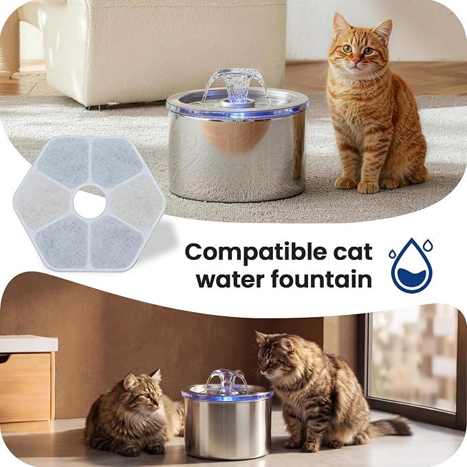Cat Fountain Replacement Filter, 6 Pack Filters with 6 Pump Sponges for 2.2L/74oz Cat Water Fountain, Multi-Stage Filtration Pet Water Dispenser Filter, Flower Pet Fountain Filter