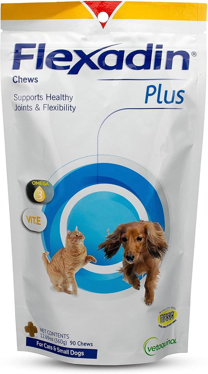 Vetoquinol Flexadin Plus - Hip & Joint Support for Cats & Small Dogs - Flexibility & Cartilage Support - Aids with Pet Mobility - Green-Lipped Mussel & Vitamin E - for Pets Up to 30 lbs - 90 Chews