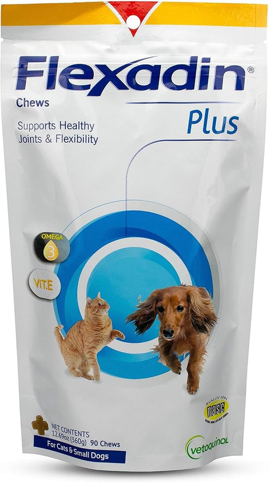 Vetoquinol Flexadin Plus - Hip & Joint Support for Cats & Small Dogs - Flexibility & Cartilage Support - Aids with Pet Mobility - Green-Lipped Mussel & Vitamin E - for Pets Up to 30 lbs - 90 Chews