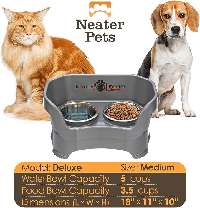 Neater Pets Neater Feeder Deluxe Mess-Proof Slow Feed Bowl & Water Bowl with Neater Mat Waterproof Silicone Mat - Protect Floors from Food & Water, Gunmetal