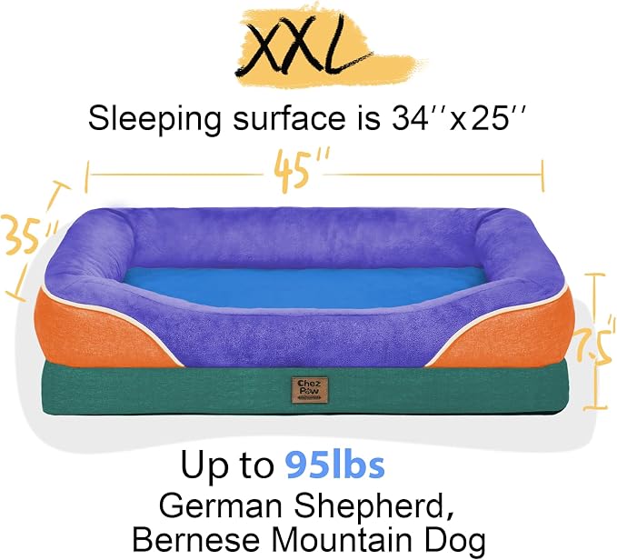 Chez Paw XXL Orthopedic Dog Bed for Extra Large Dogs, Extra Thick Egg-Crate Foam Waterproof Pet Couch with Removable Washable Cover, 4-Sided Bolster & Non-Slip Bottom, Navy Orange 45"x35"x7.5"