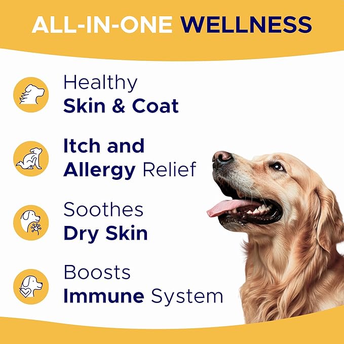 Omega 3 Fish Oil for Dogs (180 Ct) - Skin & Coat Chews - Dry & Itchy Skin Relief + Allergy Support - Shiny Coats - EPA&DHA Fatty Acids - Natural Salmon Oil Chews Promotes Heart, Hip & Joint Support