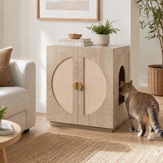 unipaws Extra Large Cat Litter Box Enclosure for Self-Cleaning & Automatic Litter Boxes, Tall Cabinet with Charging Station, Wooden Dog Proof Hidden Cat House for Top Entry Litter Box