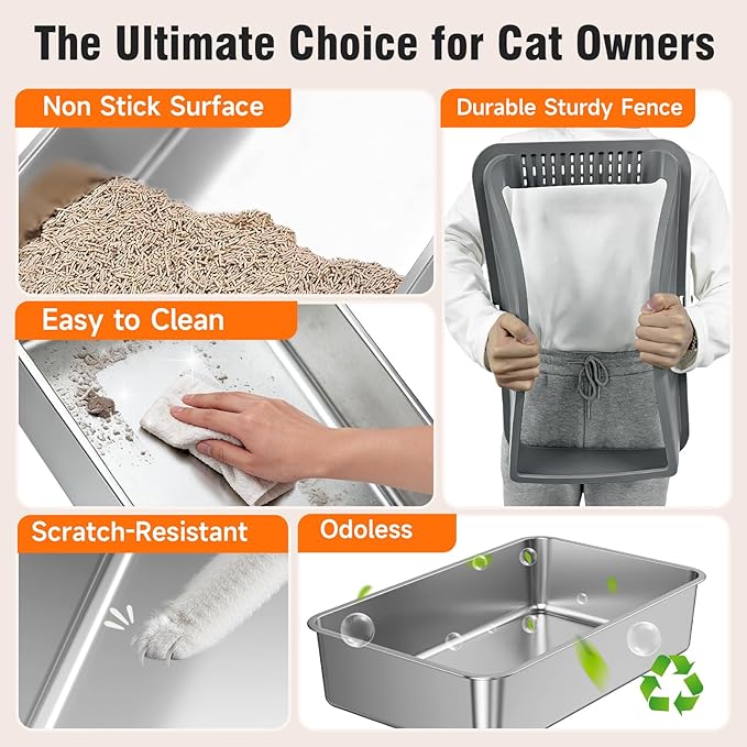 2Pack Stainless Steel Litter Box XL, Dark Grey, 2 Scoops Included | Easy Cleaning Anti-Scratch Anti-Urine Leakage Non-Sticky