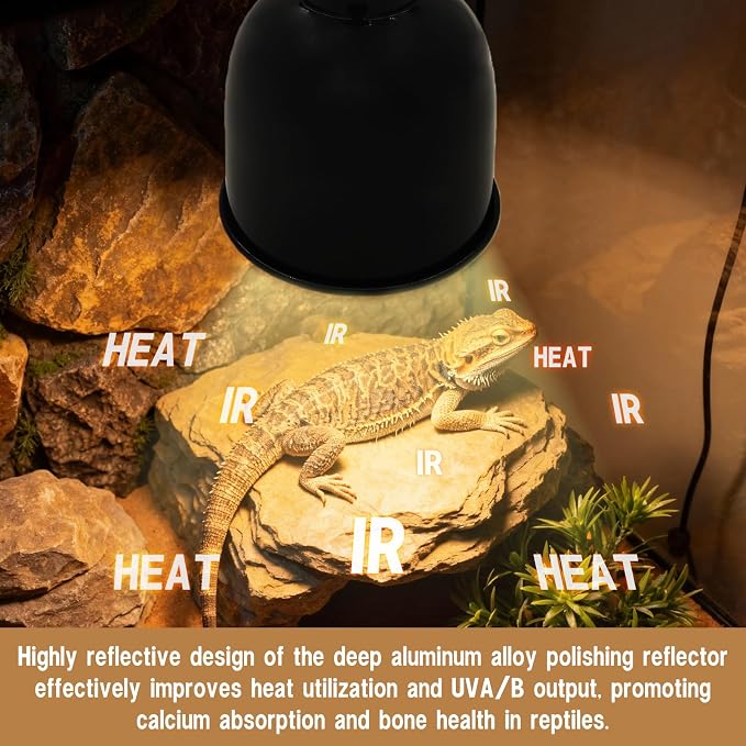 Reptile Light Fixture with Dimming Thermostat 5.5 Inch Deep Dome Infrared Reptile Heat Lamp Max 300W for Turtle Bearded Dragon Lizards Snake