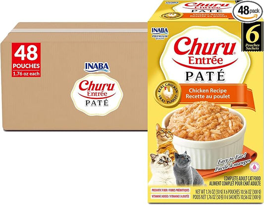 INABA Churu Entrée Pate for Cats, High Protein & Moisture, Prebiotic Wet Cat Food, 1.76oz. per Serving, 48 Pouches, Chicken Recipe