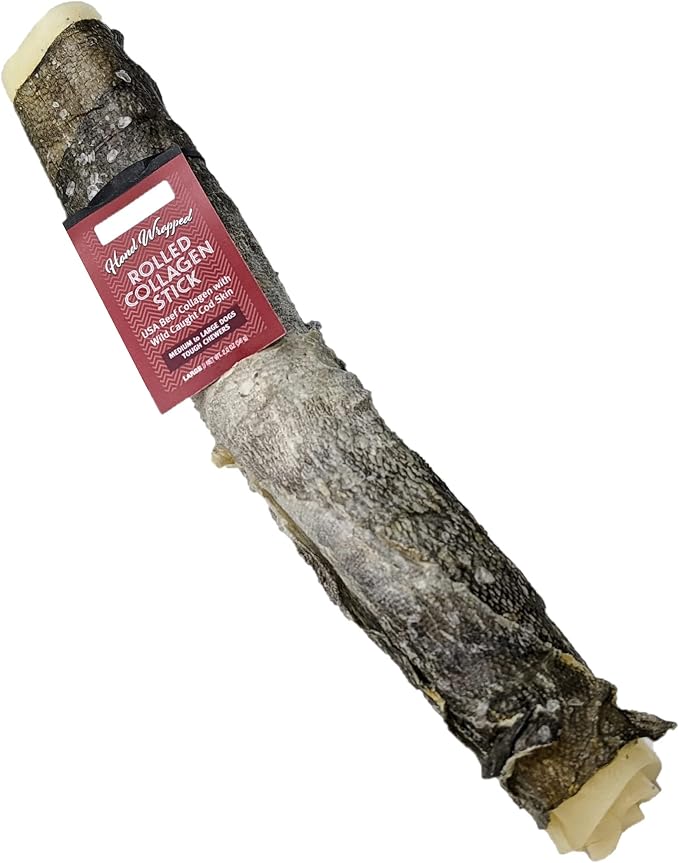Icelandic+ Rolled Collagen Stick: Beef & Cod Skin - 8" Dog Crew Treat, Hand-Wrapped Fish, 2 Ingredient Pet Snacks, Dental Health, Rawhide Alternative