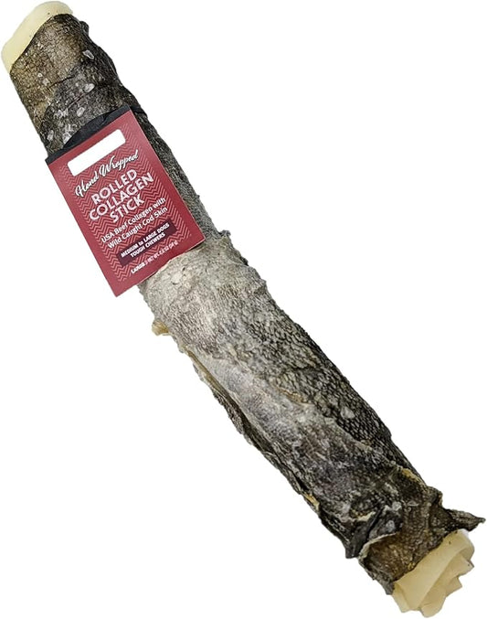 Icelandic+ Rolled Collagen Stick: Beef & Cod Skin - 8" Dog Crew Treat, Hand-Wrapped Fish, 2 Ingredient Pet Snacks, Dental Health, Rawhide Alternative