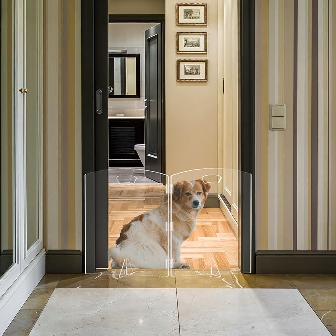 Clear Freestanding Dog Gate for Indoor Use,Pet Gates for Doorways no Drilling,Acrylic Foldable Dog Gate for Stairs with Support Feet (2 Panel - 40''W x 23''H)
