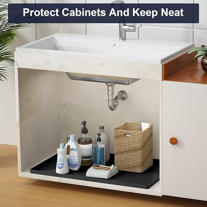 Under Sink Mat - 37" x 22" Waterproof Kitchen Cabinet Mat - Flexible Silicone Under Sink Liner - Kitchen Bathroom Cabinet Mat and Protector for Drips Leaks Spills (Black)