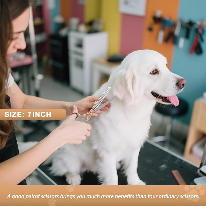 Professional Dog Grooming Scissors Rose Gold 440C Stainless Steel Straight Thinning Curved Chunker Shears for Pet Grooming Services Dogs and Cats (Chunker, 7‘’)