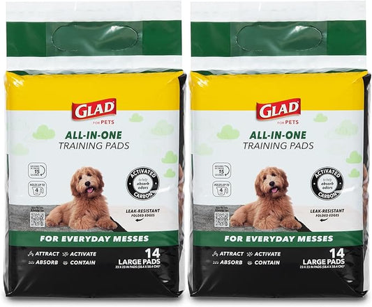 Glad for Pets Black Charcoal Puppy Pads, 23 x 23 Inch, 6-Layer Leak-Resistant Design, Activated Carbon Odor Control, Pheromone Attractant for Potty Training, 14 Count - 2 Pack