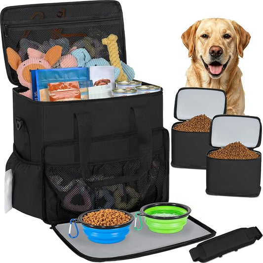 Dog Travel Bag,Large Pet Travel Bag for Supplies with 2 Food Container and Collapsible Bowls,Dog Travel Supplies Organizer Kit for Weekend,Road Trips,Camping