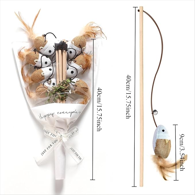 Cat Teaser Bouquet - 7 PCS Interactive Cat Toys on Wooden Handle with Feathers, Bells & Crinkle Mice | Gift Ready Kitty Play Set for Indoor Cats | 40 Inch Wand with Elastic String