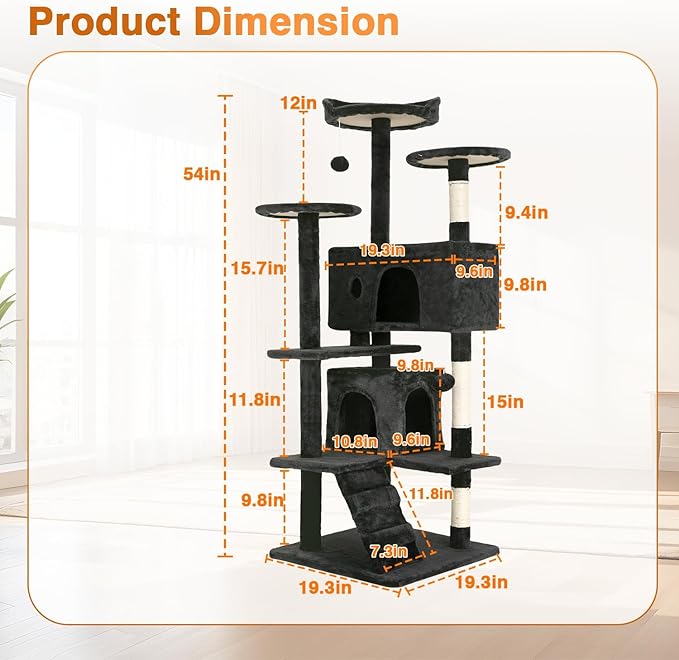 FDW | 54" Cat Tree Tower | Dark Gray | Multi-Level Indoor Activity Center with Sisal Scratching Posts, Condos, Plush Perches, Hanging Cat Toys | Sturdy, Easy to Assemble | for Kittens & Adult Cats