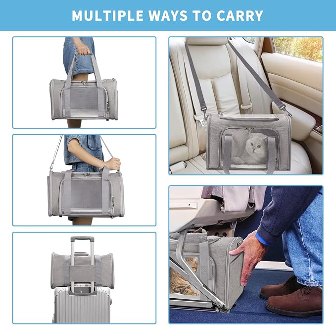 Pnimaund Large Pet Carrier, Soft Sided Cat Carriers for Large Cats Under 20 lbs, Soft Dog Carriers for Medium Dogs Small Dogs, Collapsible Cat Carrier for 2 Cats Travel Carrier - Grey