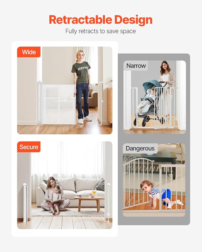 VEVOR Retractable Baby Gate, 34 inch Tall, Extends up to 71 inch Wide, Retractable Gate for Kids or Pets, Mesh Material, Easy to Install for Indoor Stairs, Doorways, Hallways, Playrooms, White