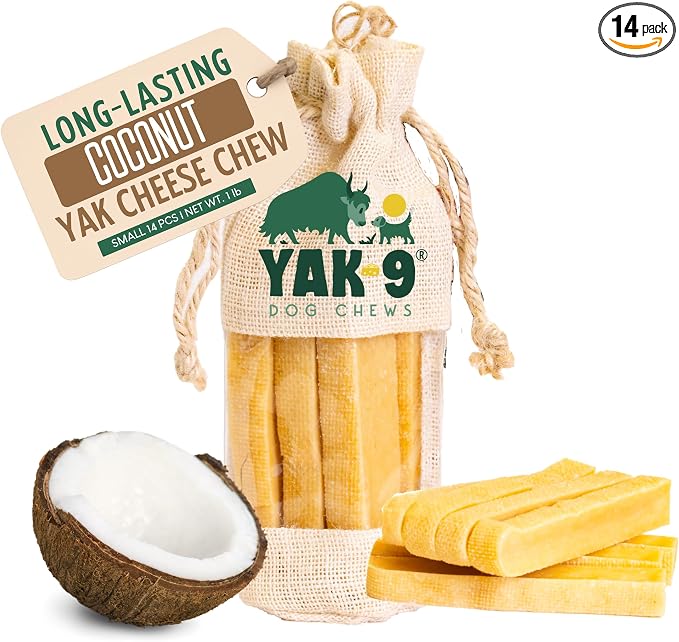 Yak9 Yak Cheese Himalayan Dog Chews, Coconut | High Protein, Non Rawhide Dog Chews Long Lasting | Non GMO, Gluten Free, Grain Free Yak Milk Dog Chew | Small Size, 14 PC
