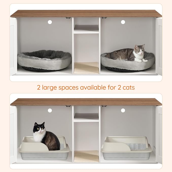 HOOBRO Double Litter Box Enclosure, Modern Cat Litter Box Furniture with Storage and Mat Design, Farmhouse Hidden Litter Box Enclosure with 2 Hooks, White and Walnut WH23MW01