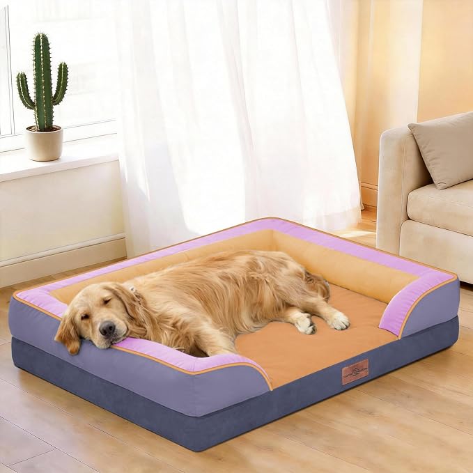 Comfort Expression Orthopedic Dog Bed for Large Dogs 36x27 Inch, Waterproof Egg Crate Foam Large Pet Bed with Bolsters, Dog Couch with Washable Cover & Non-Slip Bottom, Orange Breeze