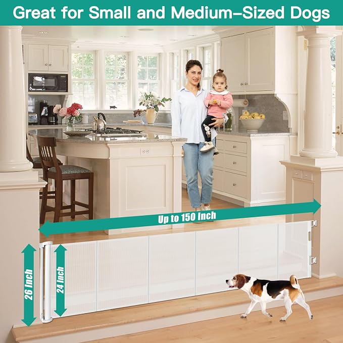 24 Inch Tall x 150 Inch Extra Wide Retractable Dog Gate for The House, Short Baby Gate to Step Over, Reinforced Mesh Puppy Gate for Doorways, Step Over Pet Gate for Stairs, Indoor/Outdoor, White